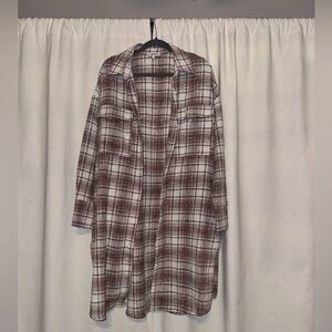 Plaid Open-Front Longline Shacket - Brown & White
